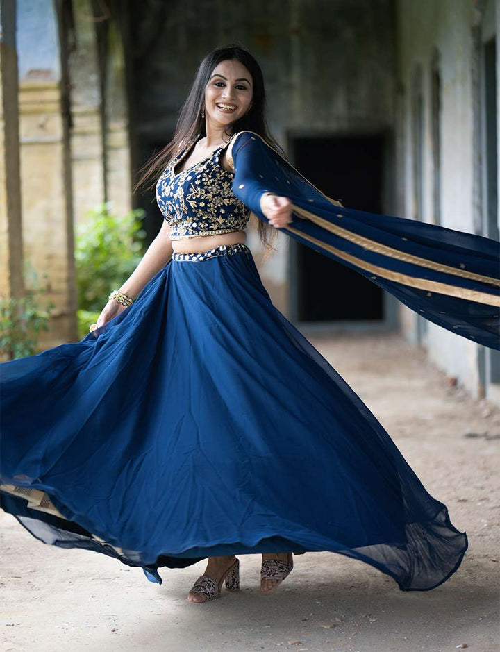 Navy Blue Thread Embroidery Work Lehenga Set - PAHRAVA