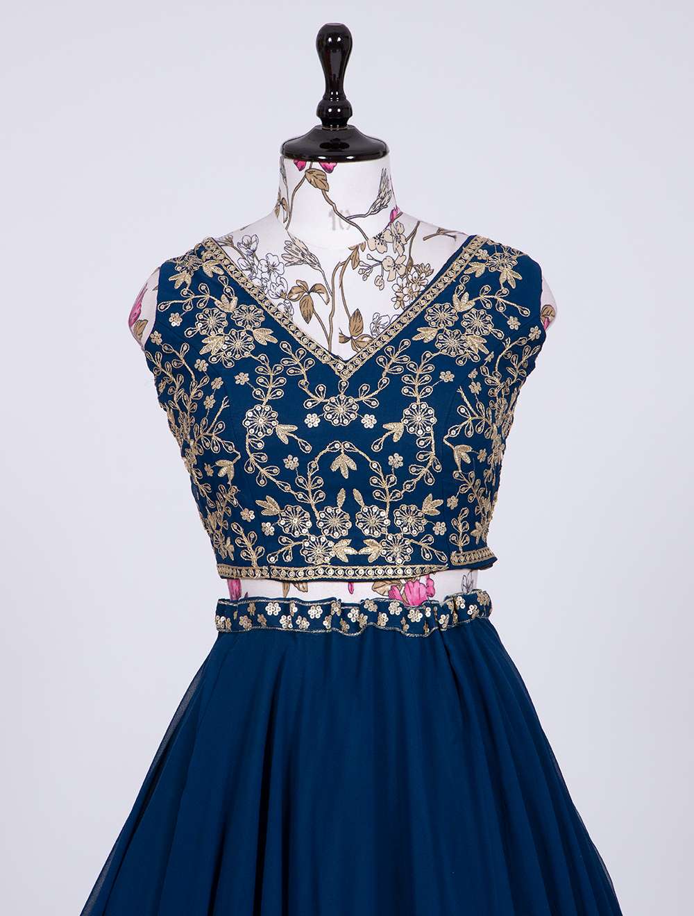 Navy Blue Thread Embroidery Work Lehenga Set - PAHRAVA