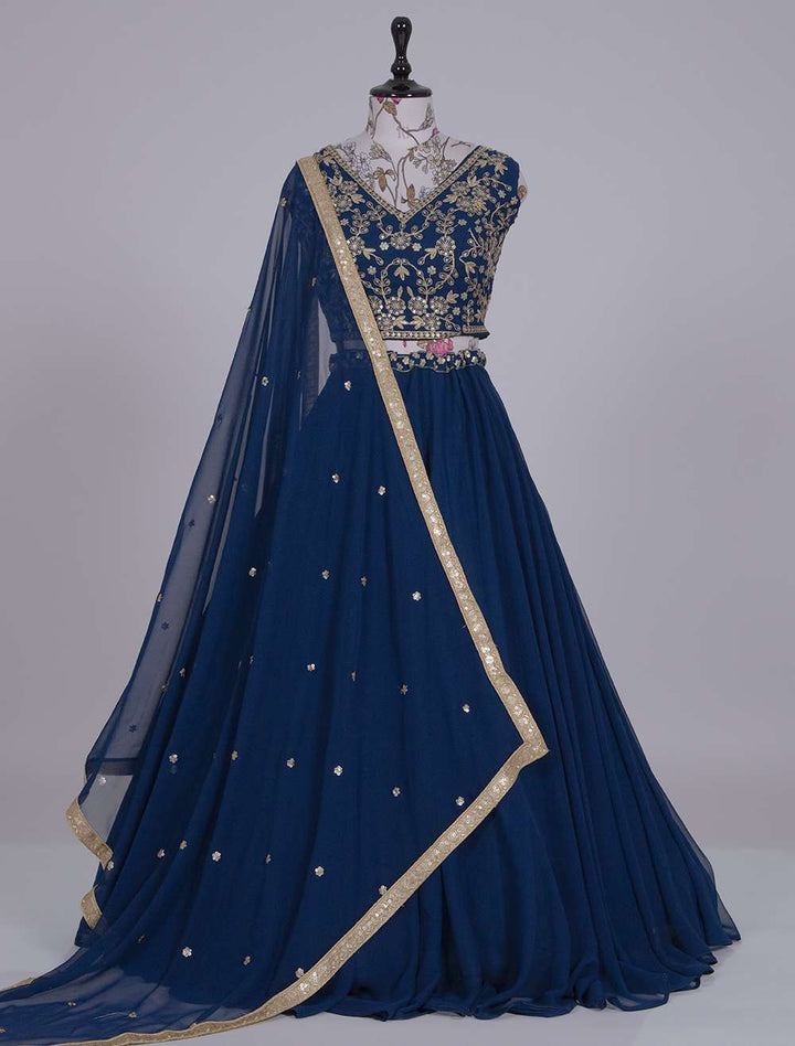 Navy Blue Thread Embroidery Work Lehenga Set - PAHRAVA