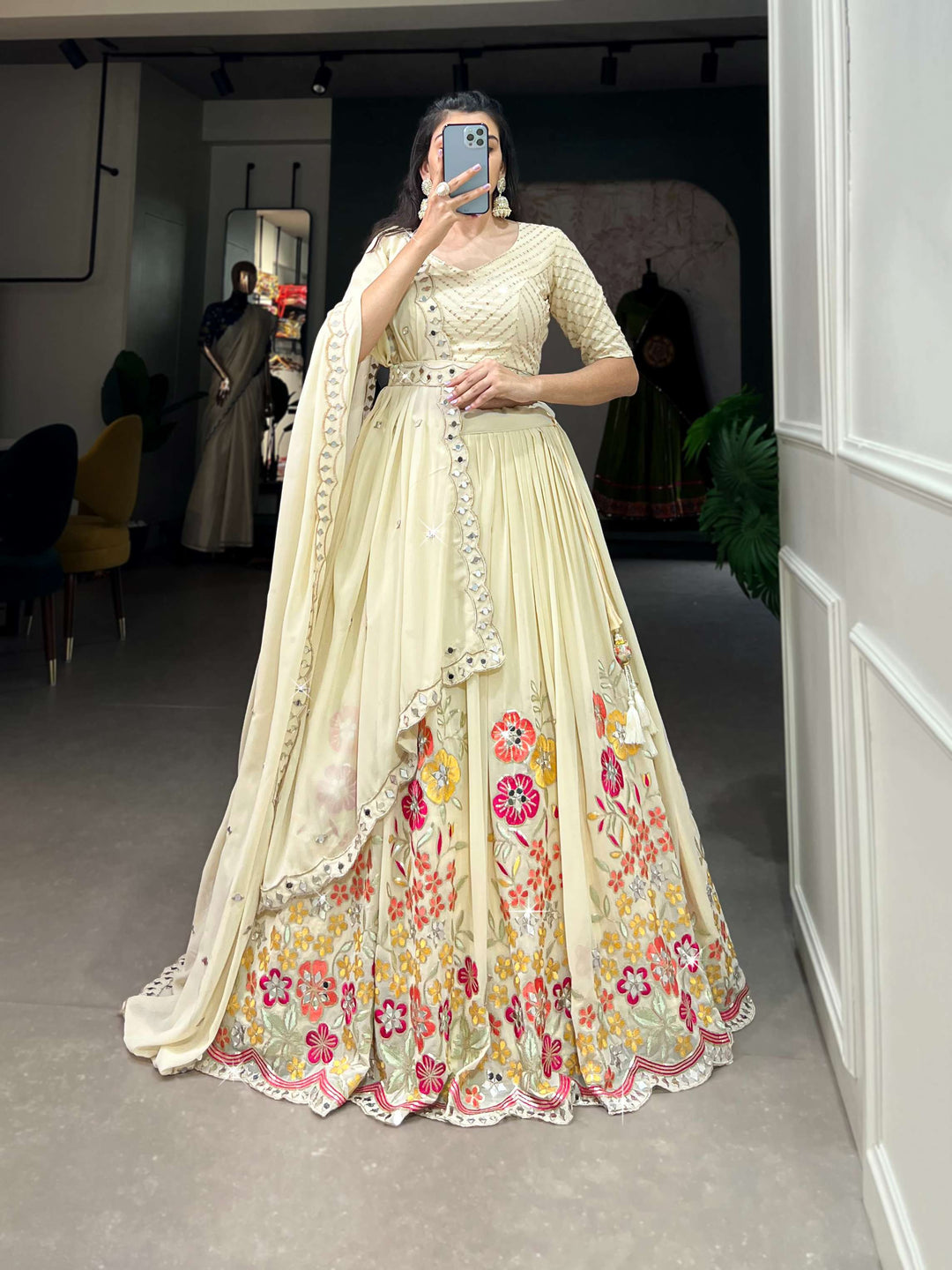 Off White Georgette Lehenga Set - PAHRAVA