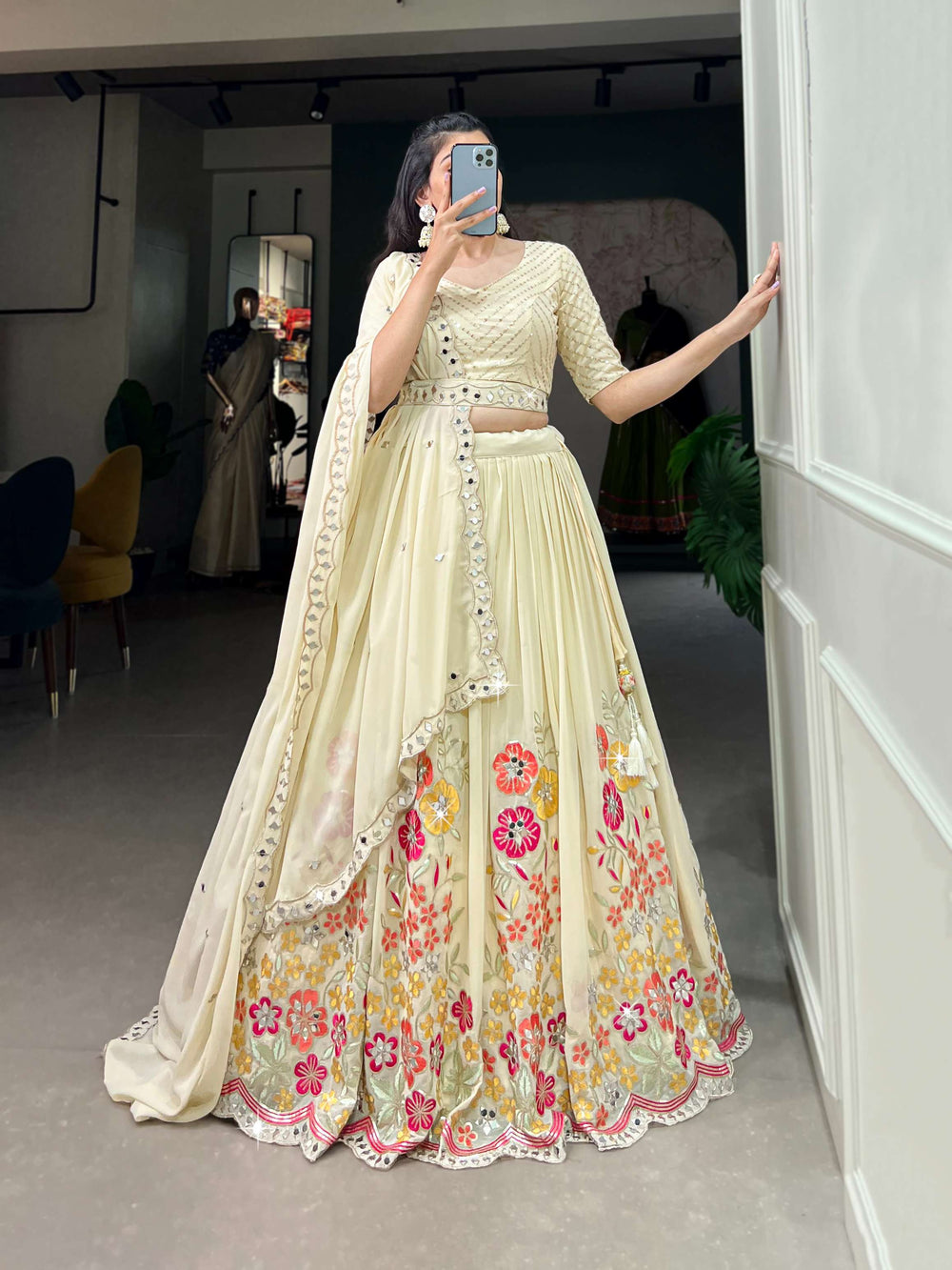 Off White Georgette Lehenga Set - PAHRAVA