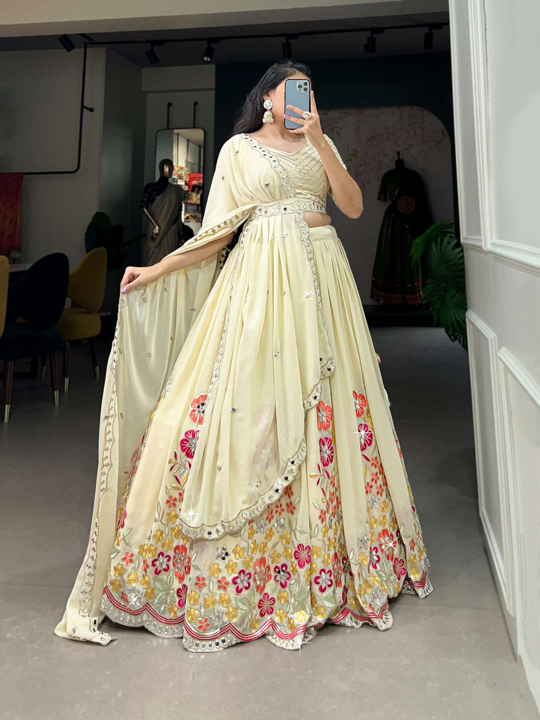 Off White Georgette Lehenga Set - PAHRAVA