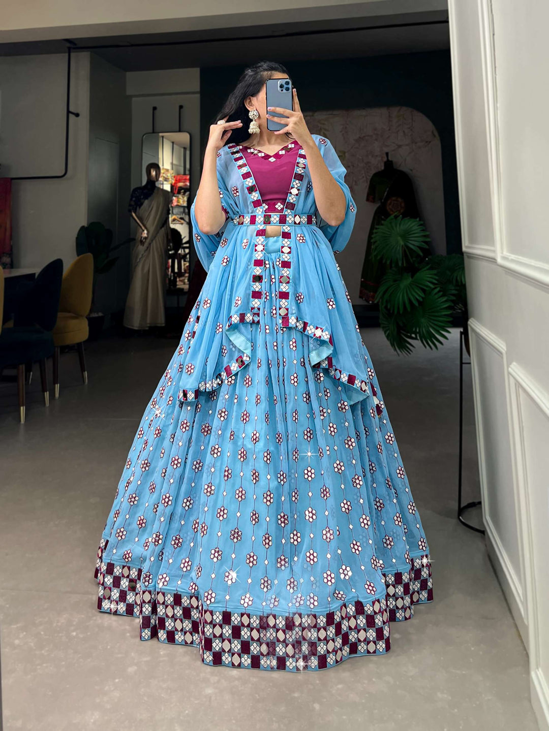 Sky Blue Georgette Lehenga Set - PAHRAVA