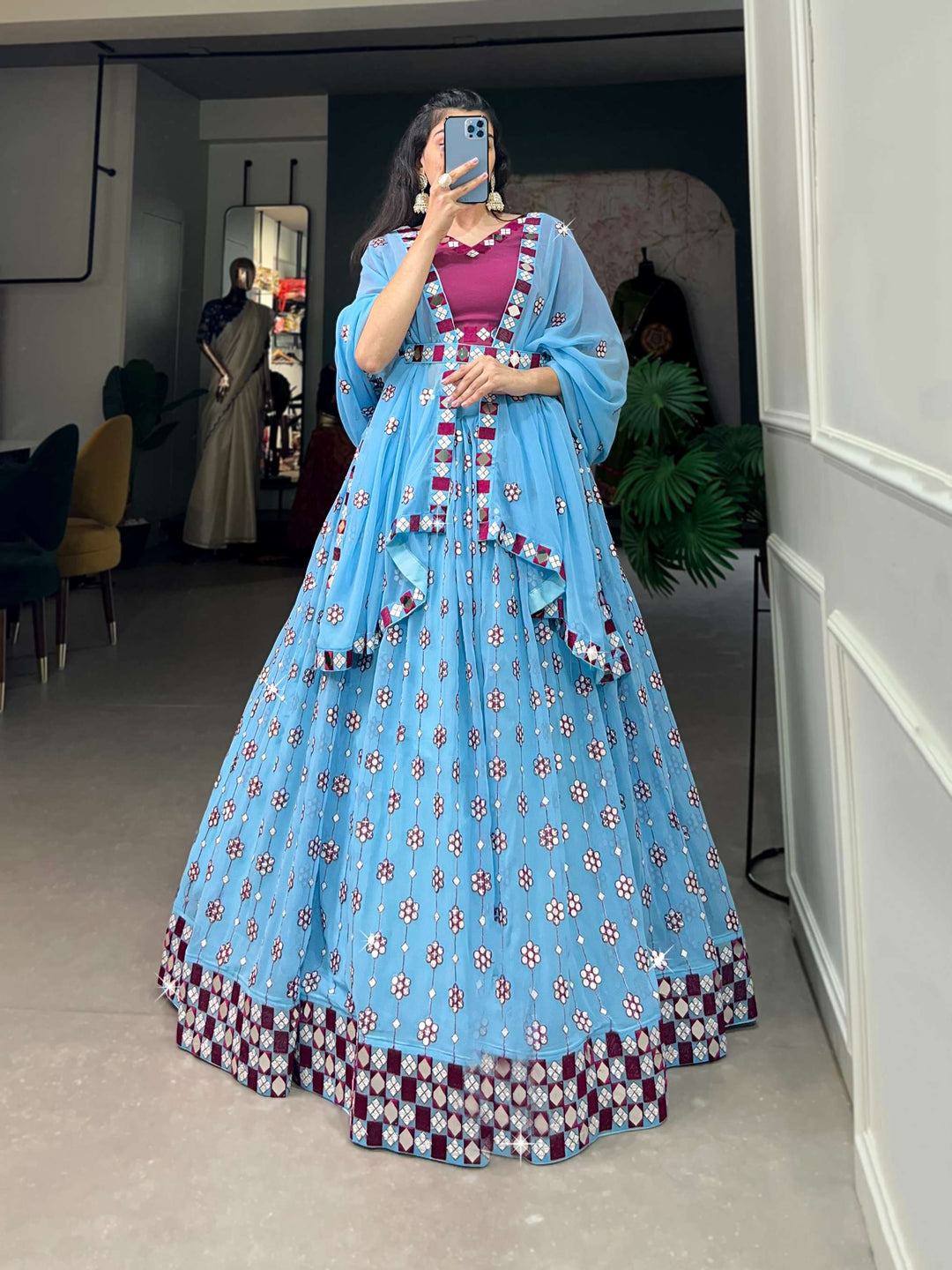 Sky Blue Georgette Lehenga Set - PAHRAVA