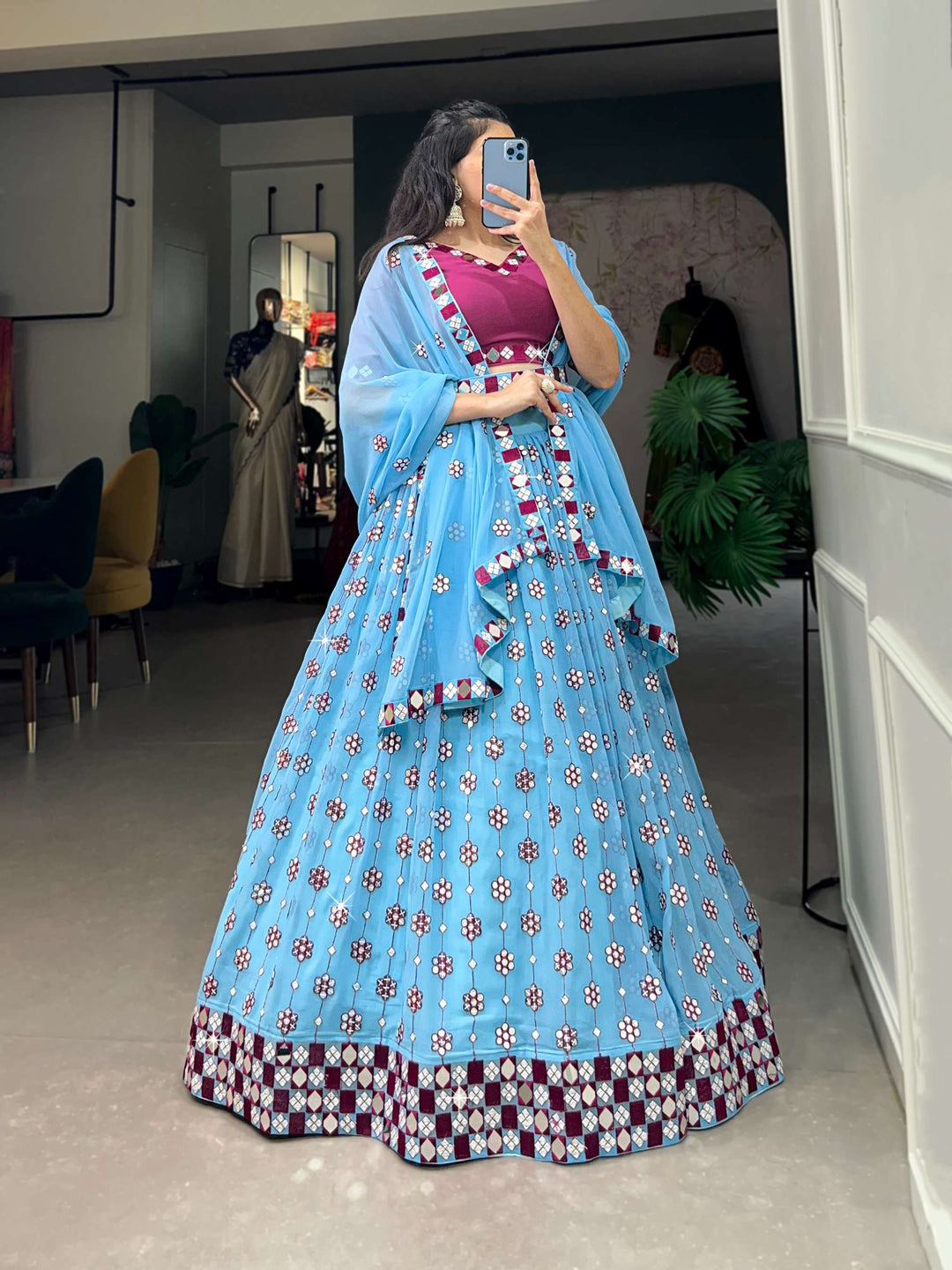 Sky Blue Georgette Lehenga Set - PAHRAVA