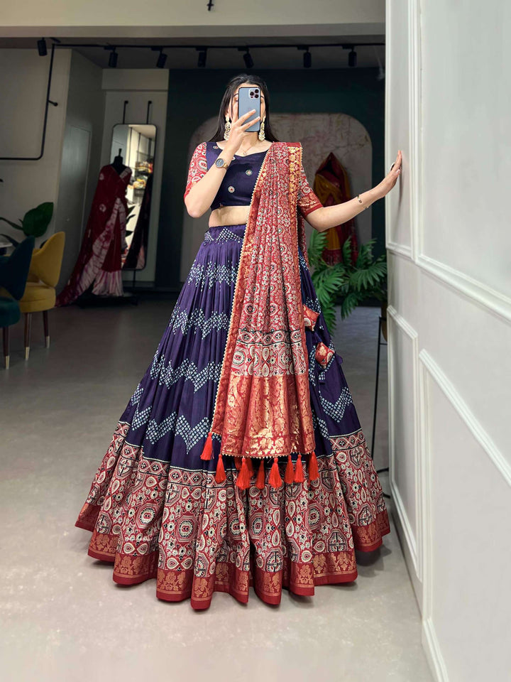 Navy Blue Ajarakh Printed Tusser Silk Lehenga Choli - PAHRAVA