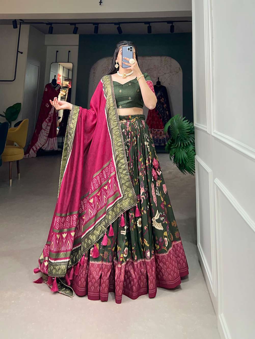 Traditional Green Dola Silk Printed Lehenga Choli - PAHRAVA