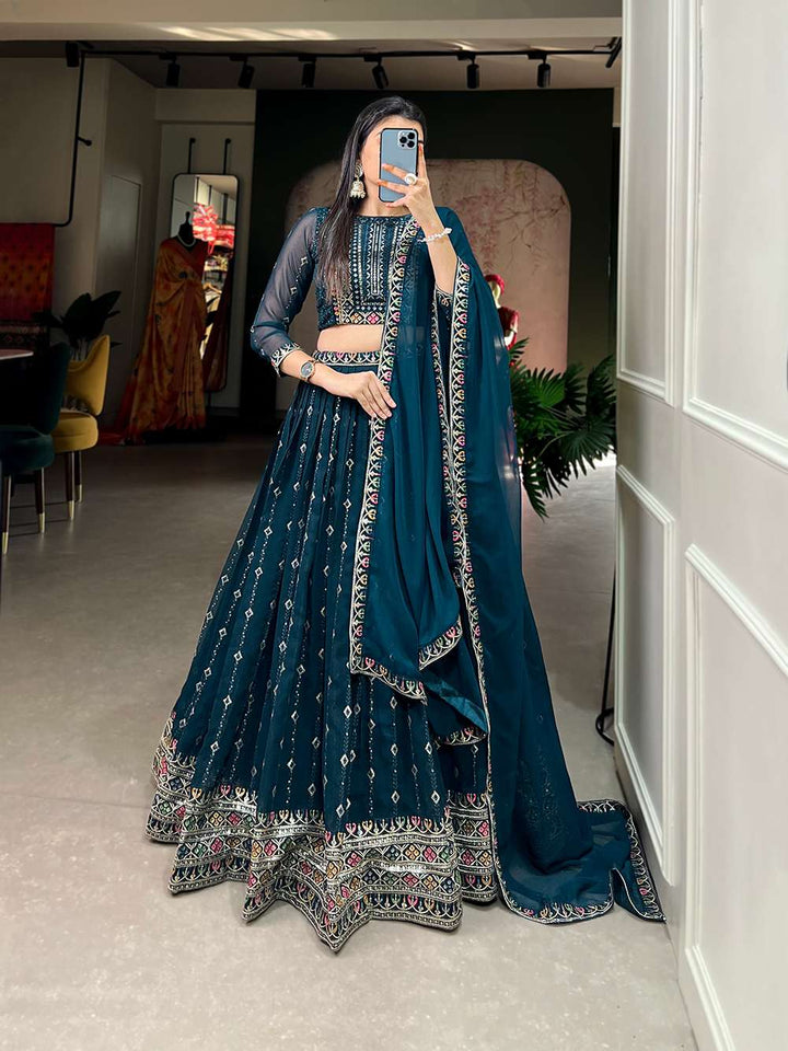 Bold Blue Embroidered Lehenga Choli - PAHRAVA