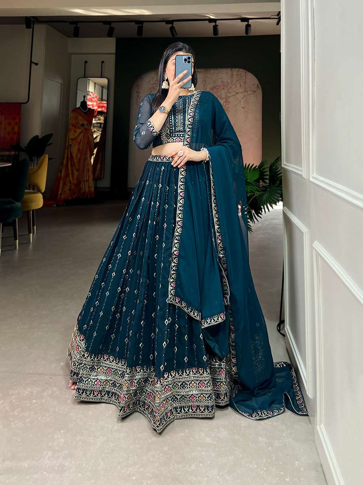 Bold Blue Embroidered Lehenga Choli - PAHRAVA