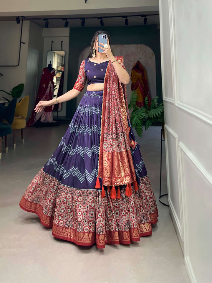 Navy Blue Ajarakh Printed Tusser Silk Lehenga Choli - PAHRAVA