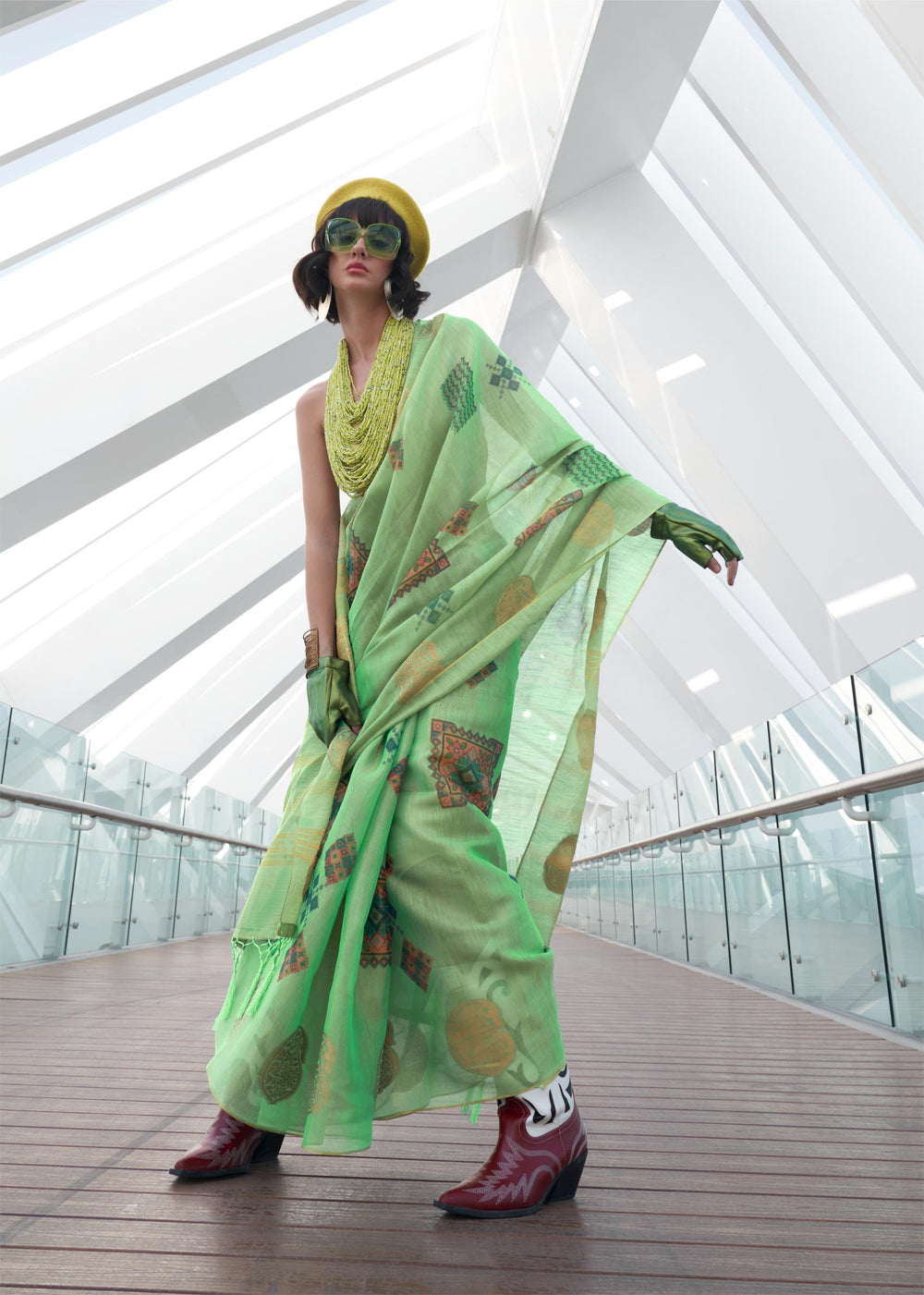 Lime Green Print Handloom Zari Tissue Saree - PAHRAVA