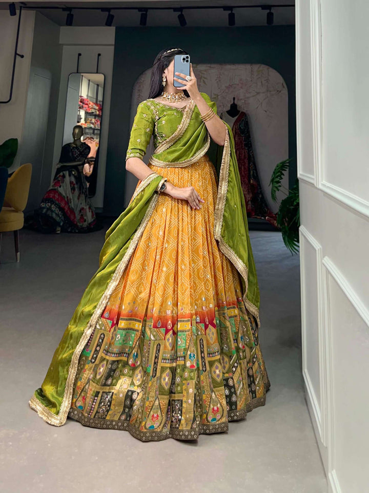 Mustard Yellow Pure Viscose Jacquard Silk Lehenga Set - PAHRAVA