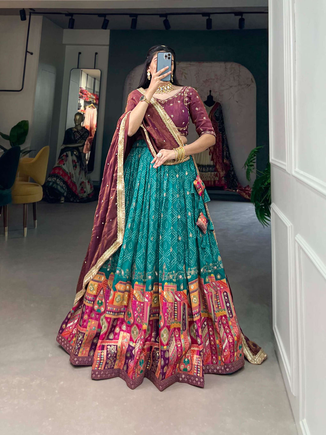 Teal Blue Pure Viscose Jacquard Silk Lehenga Set - PAHRAVA