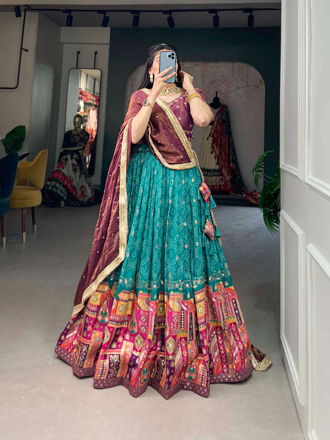 Teal Blue Pure Viscose Jacquard Silk Lehenga Set - PAHRAVA