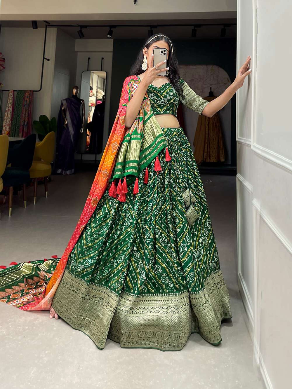 Emerald Green Viscose Dola Silk Lehenga Set - PAHRAVA