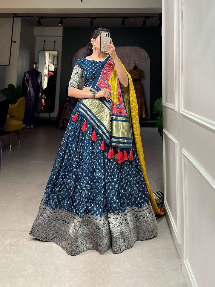 Navy Blue Viscose Dola Silk Lehenga Set - PAHRAVA