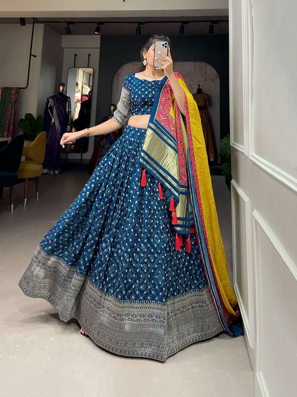 Navy Blue Viscose Dola Silk Lehenga Set - PAHRAVA