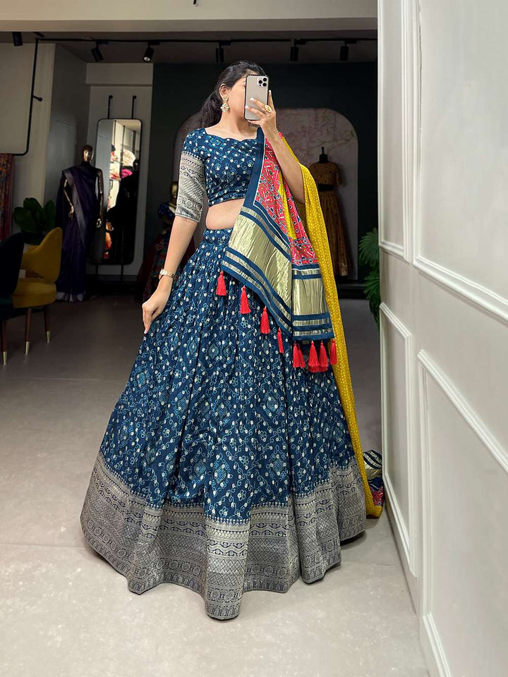 Navy Blue Viscose Dola Silk Lehenga Set - PAHRAVA