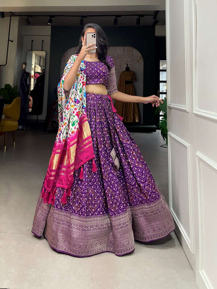 Bold Purple Viscose Dola Silk Lehenga Set - PAHRAVA