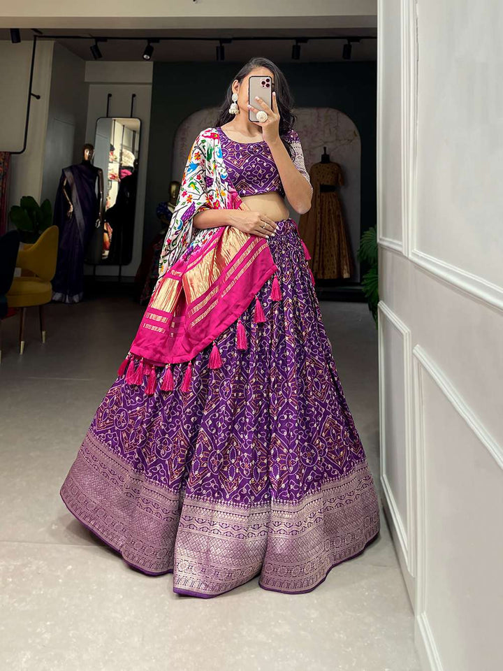 Bold Purple Viscose Dola Silk Lehenga Set - PAHRAVA