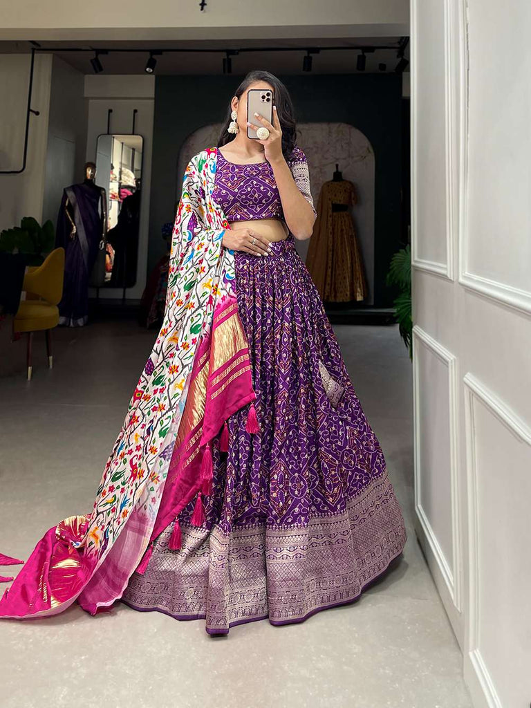 Bold Purple Viscose Dola Silk Lehenga Set - PAHRAVA