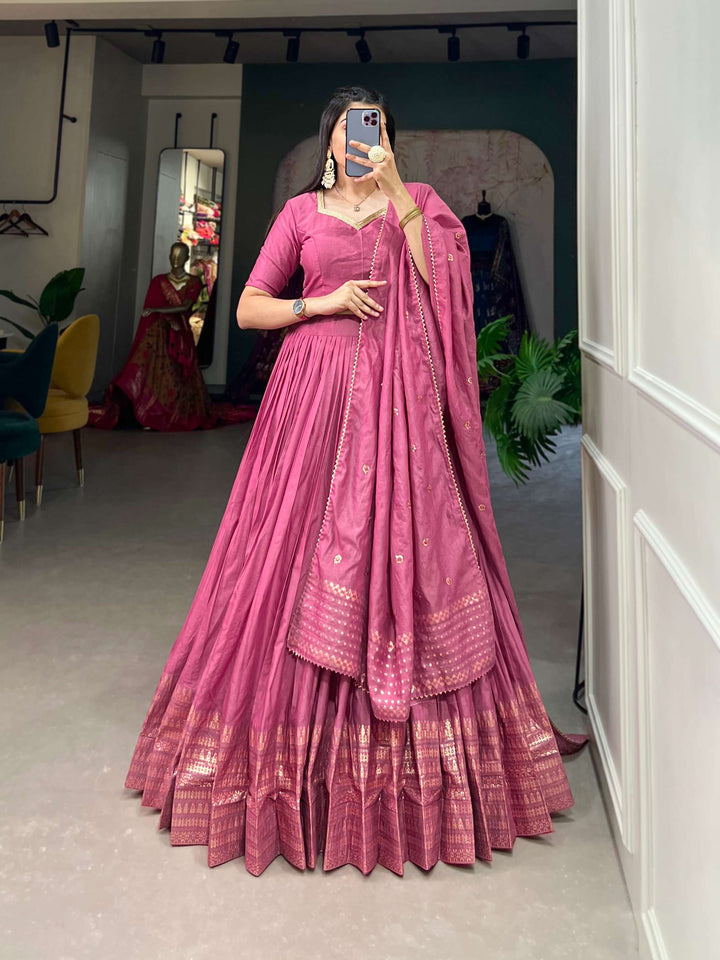 Plum Pink Pure Chanderi Plain Lehenga Set - PAHRAVA