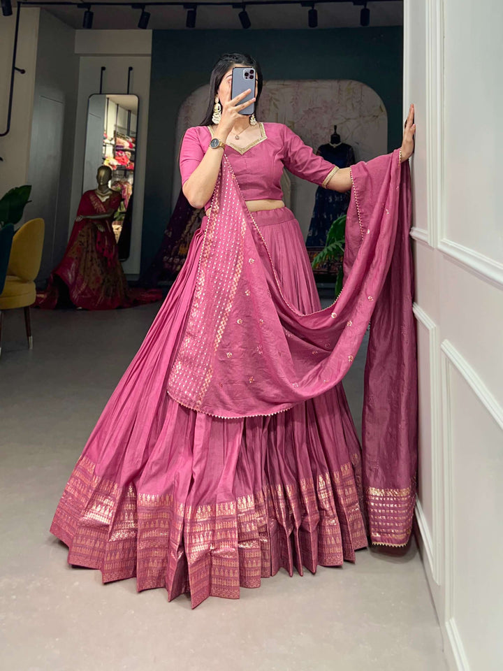 Plum Pink Pure Chanderi Plain Lehenga Set - PAHRAVA