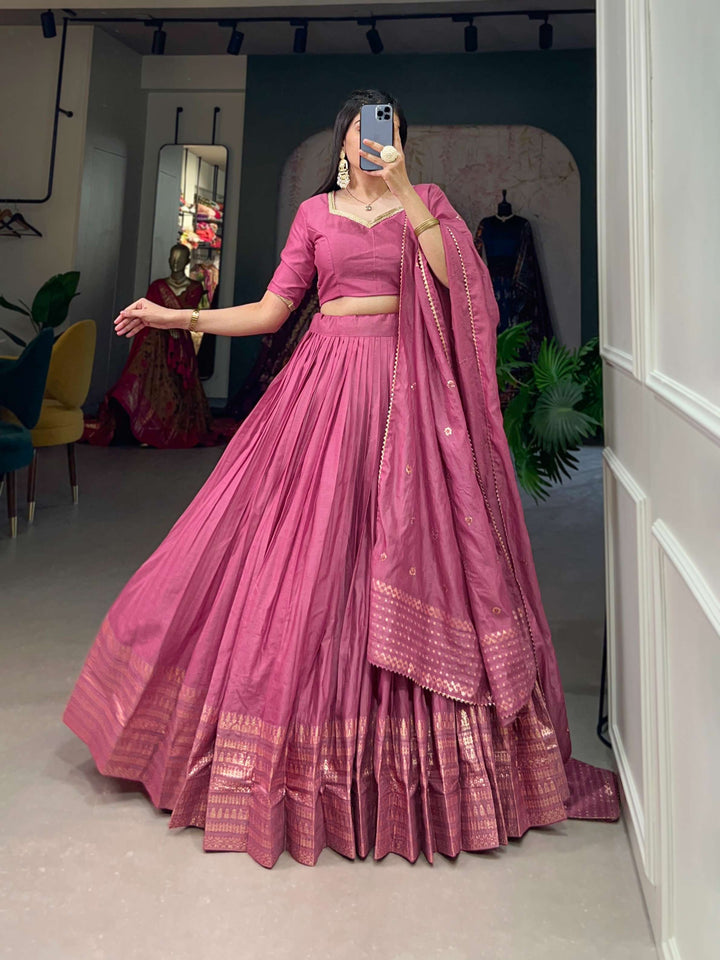 Plum Pink Pure Chanderi Plain Lehenga Set - PAHRAVA