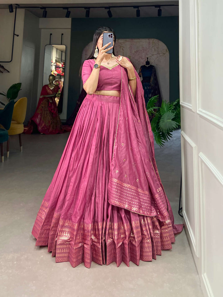 Plum Pink Pure Chanderi Plain Lehenga Set - PAHRAVA