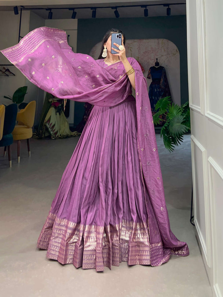 Soft Lavender Pure Chanderi Plain Lehenga Set - PAHRAVA