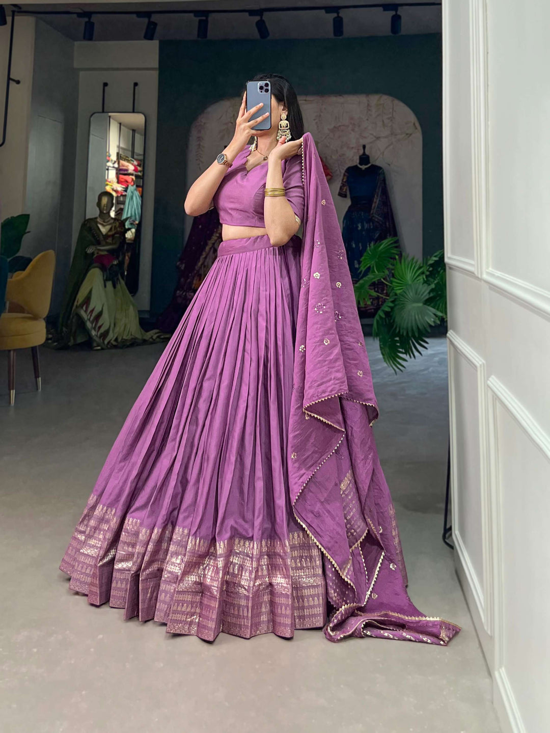 Soft Lavender Pure Chanderi Plain Lehenga Set - PAHRAVA