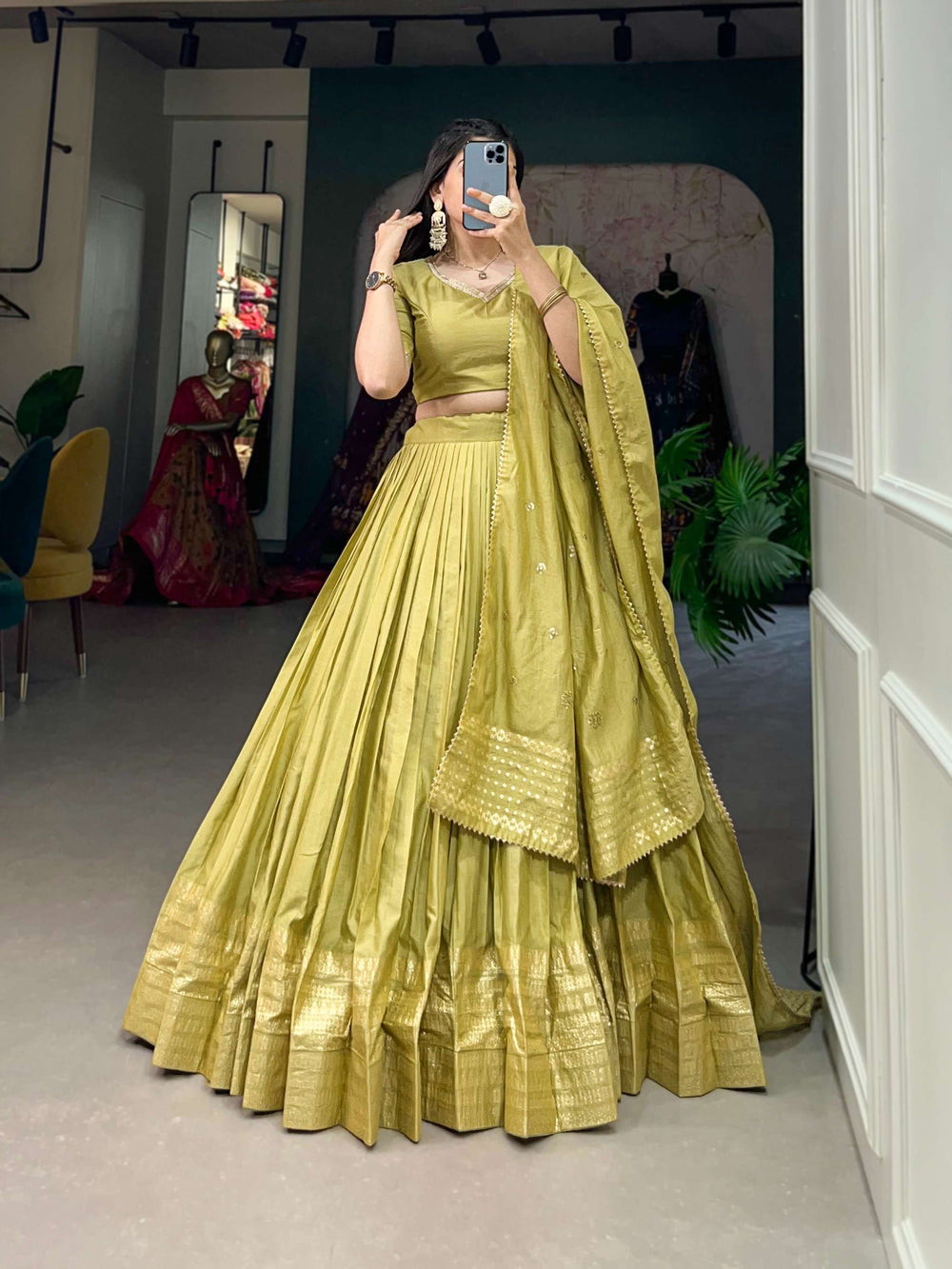 Pastel Green Pure Chanderi Plain Lehenga Set - PAHRAVA