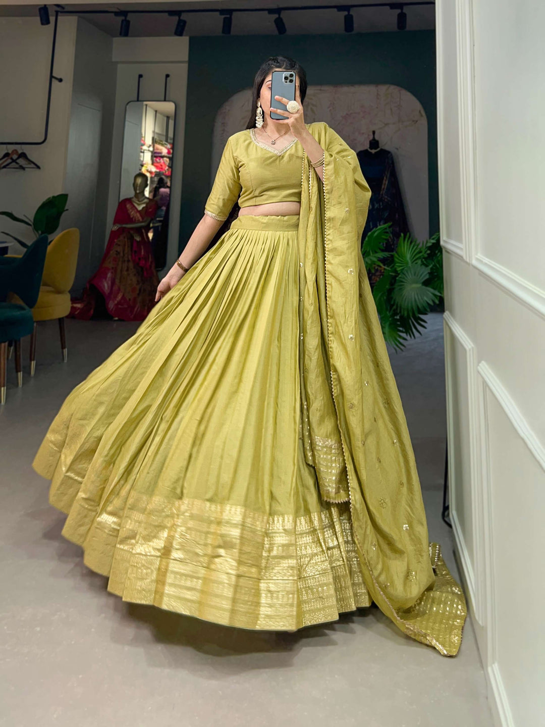 Pastel Green Pure Chanderi Plain Lehenga Set - PAHRAVA