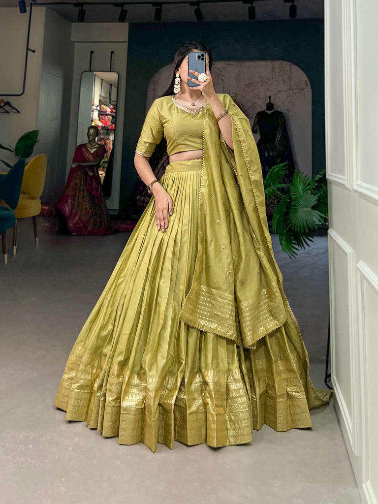 Pastel Green Pure Chanderi Plain Lehenga Set - PAHRAVA