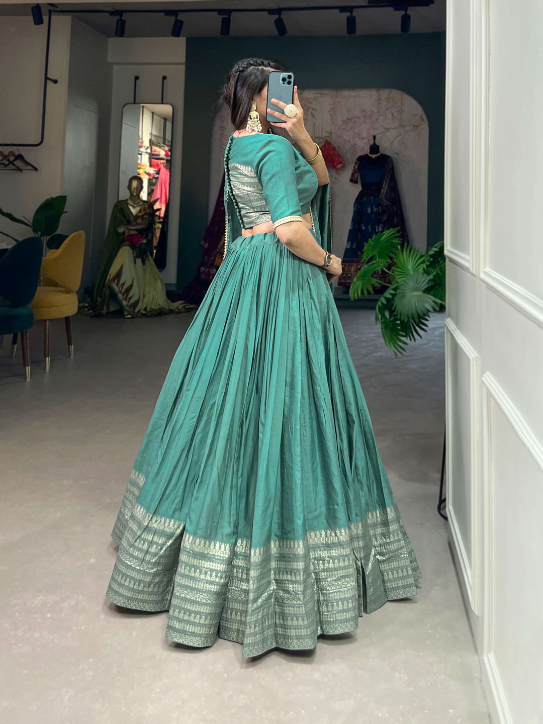 Sea Green Pure Chanderi Plain Lehenga Set - PAHRAVA