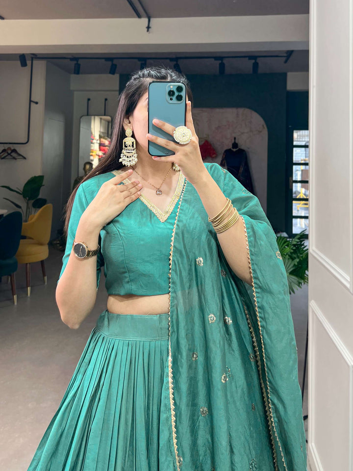 Sea Green Pure Chanderi Plain Lehenga Set - PAHRAVA