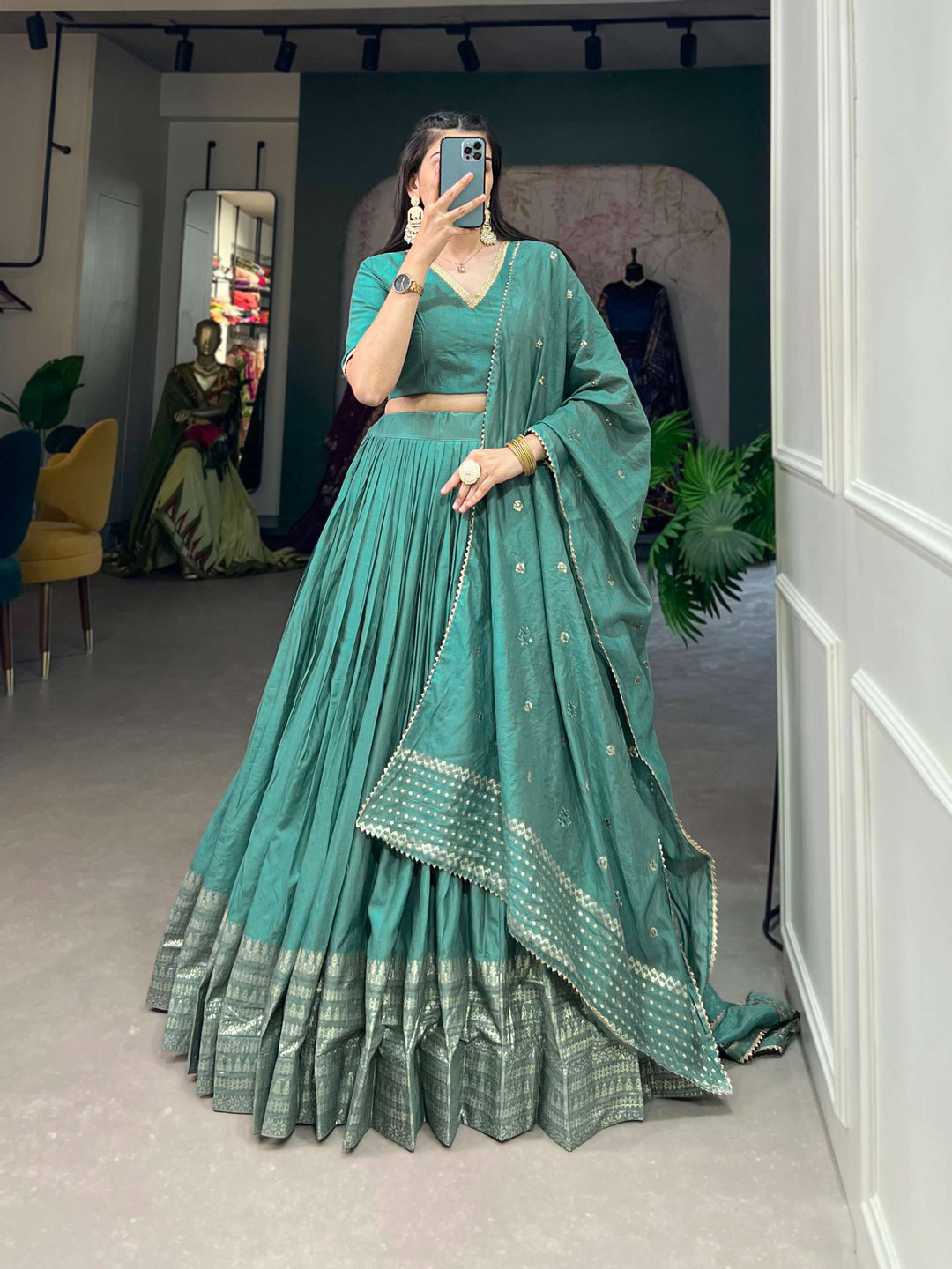 Sea Green Pure Chanderi Plain Lehenga Set - PAHRAVA