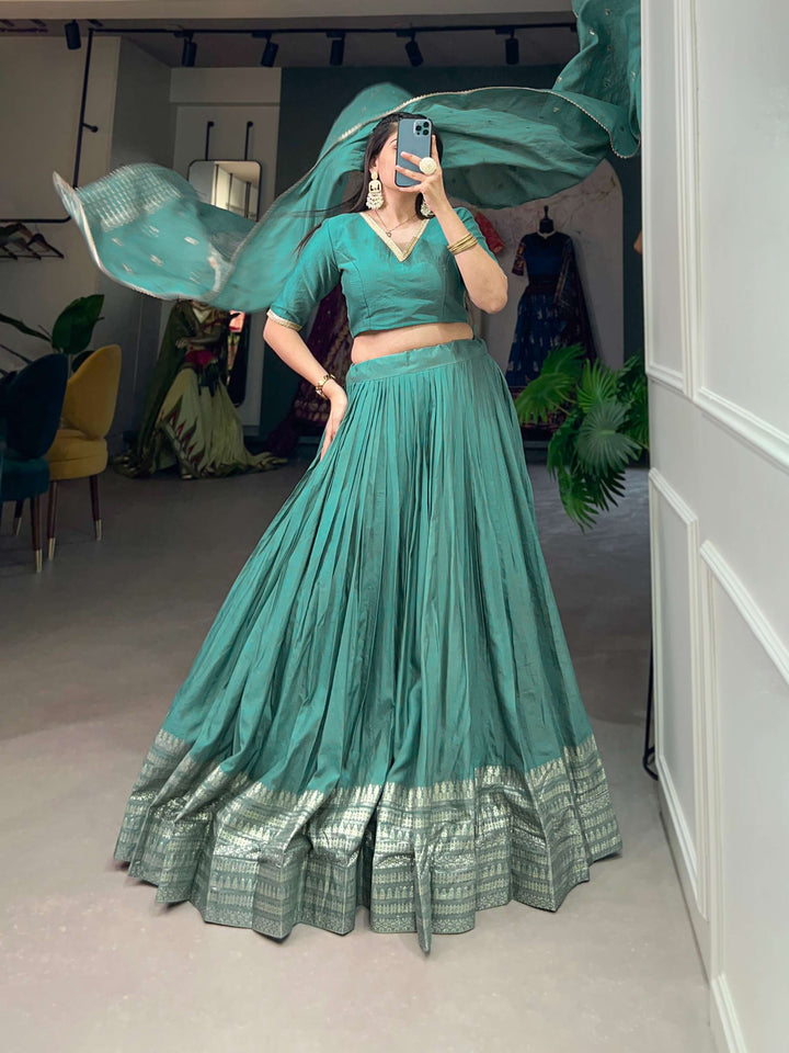 Sea Green Pure Chanderi Plain Lehenga Set - PAHRAVA