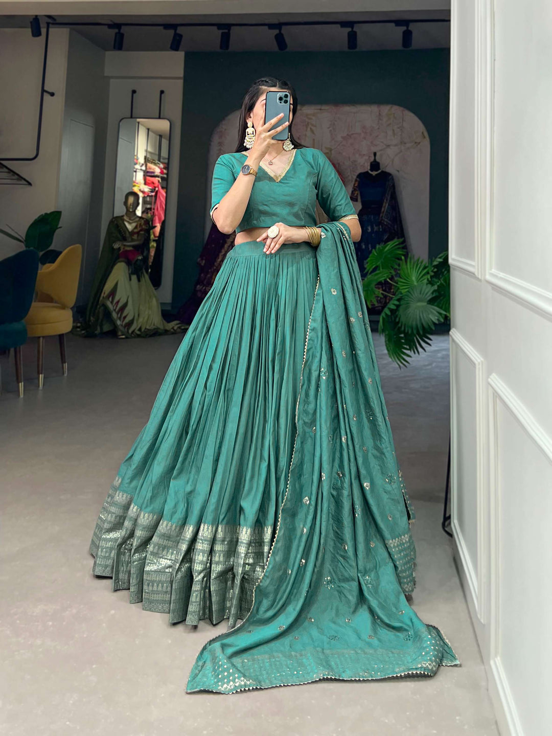 Sea Green Pure Chanderi Plain Lehenga Set - PAHRAVA