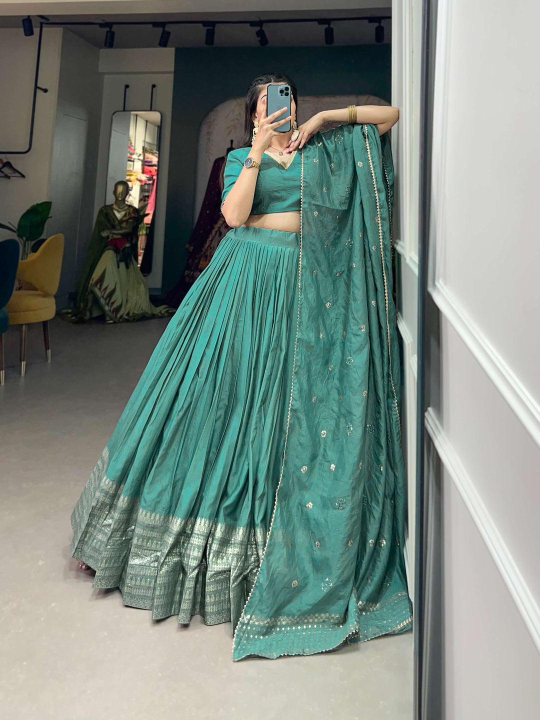 Sea Green Pure Chanderi Plain Lehenga Set - PAHRAVA