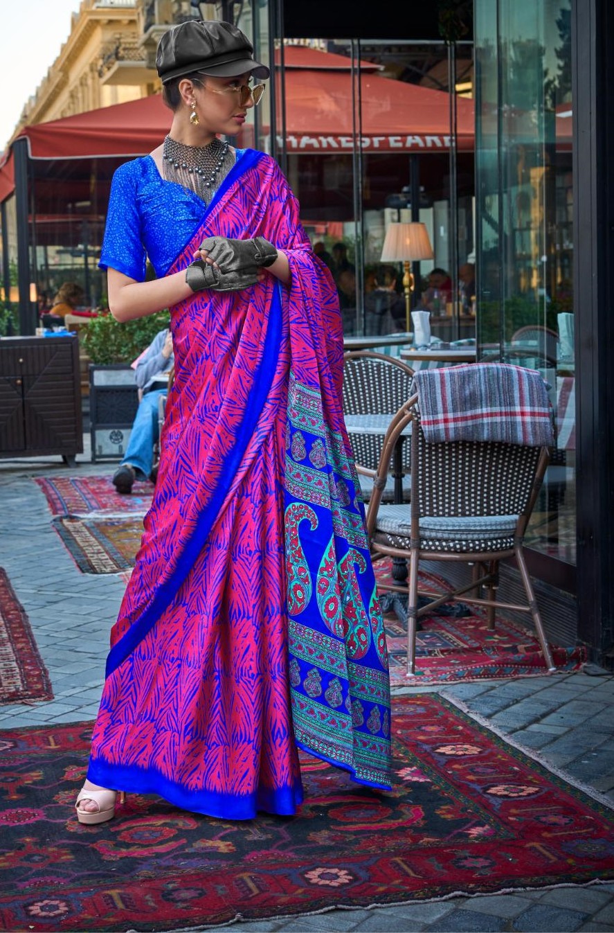 Steel Pink Printed Satin Crepe Saree - PAHRAVA