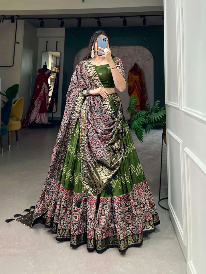 Mahendi Green Ajarakh Printed Tusser Silk Lehenga Choli - PAHRAVA