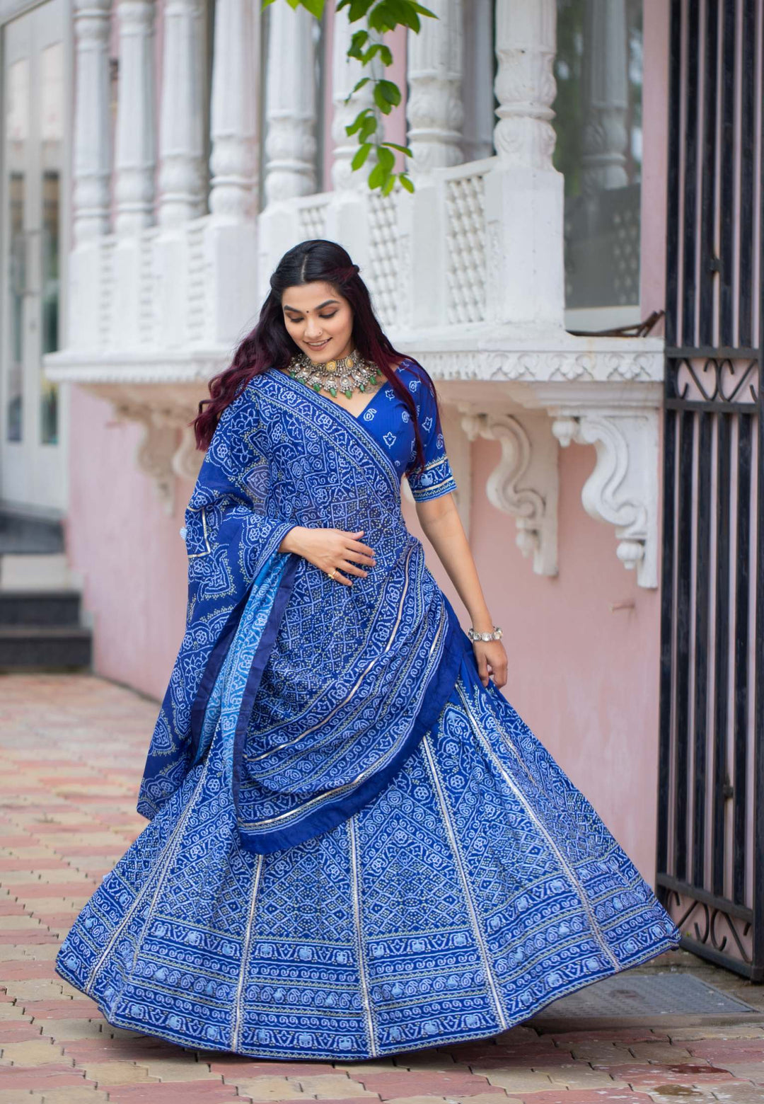 Navy Blue Bandhani Printed Lehenga Set - PAHRAVA