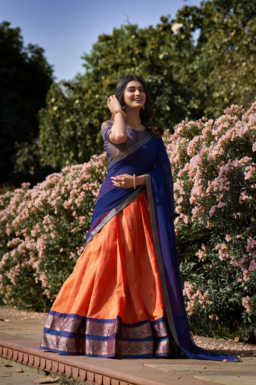 Sunrise Orange Kanchipuram Silk Lehenga Choli - PAHRAVA