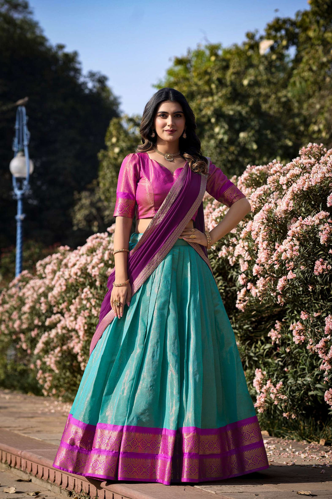 Sea Blue Kanchipuram Silk Lehenga Choli - PAHRAVA