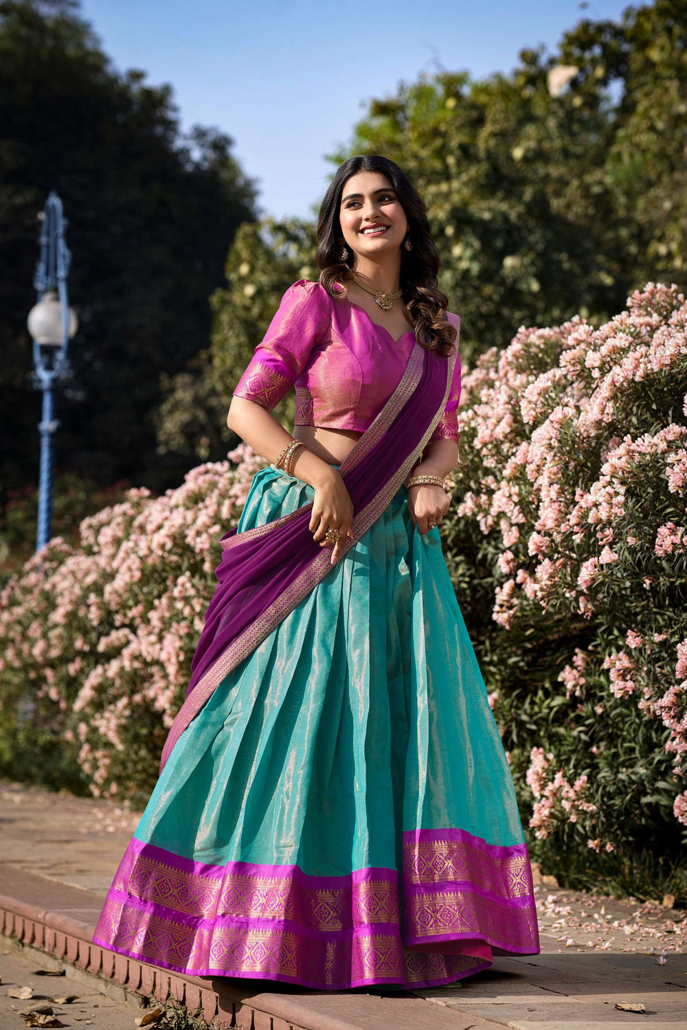 Sea Blue Kanchipuram Silk Lehenga Choli - PAHRAVA