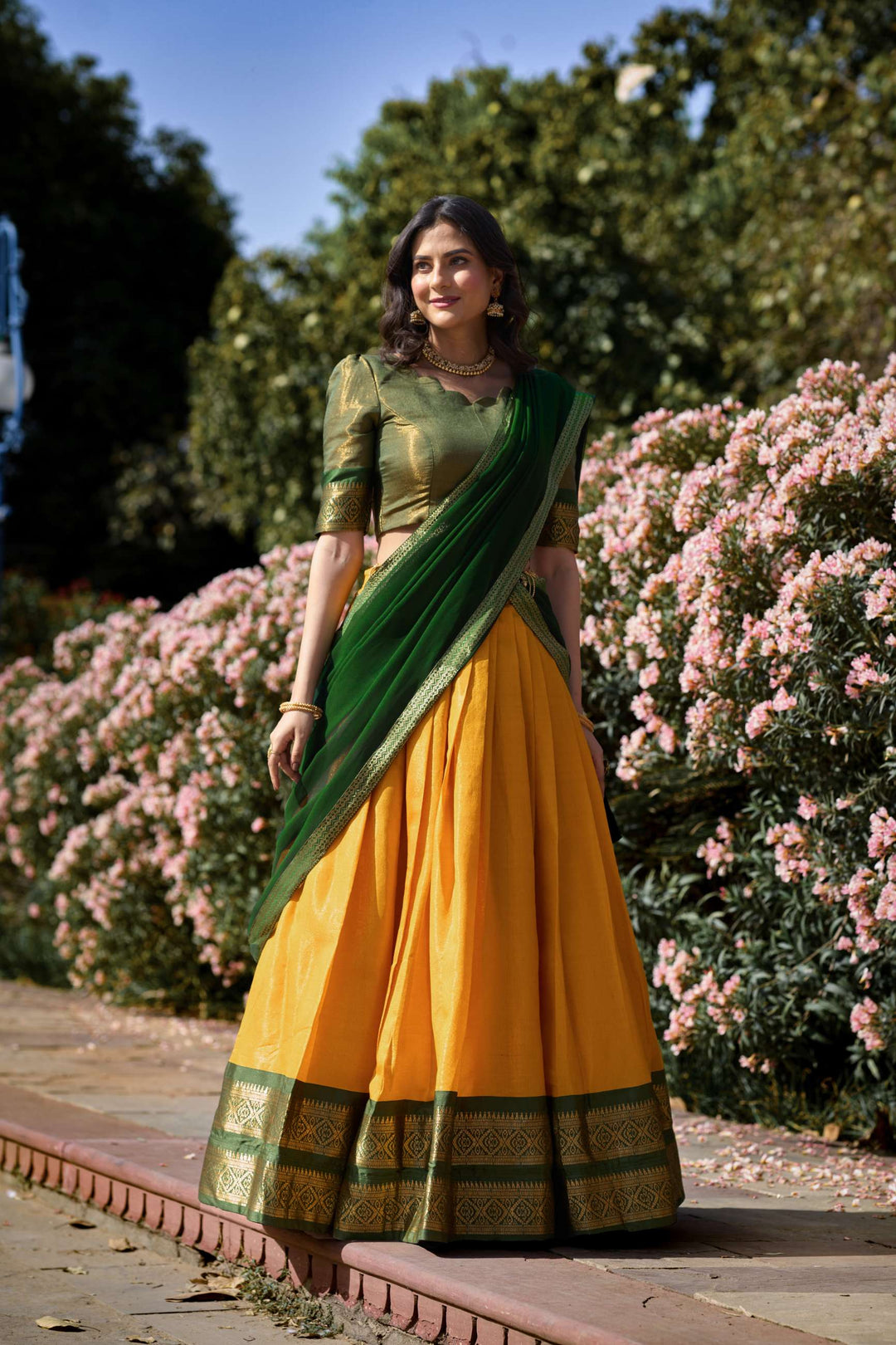 Mustard Yellow Kanchipuram Silk Lehenga Choli - PAHRAVA