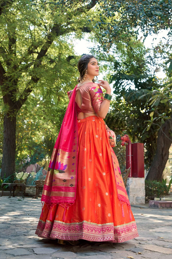 Soft Orange Jacquard Silk Paithani Lehenga Choli - PAHRAVA