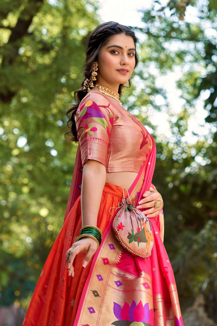 Soft Orange Jacquard Silk Paithani Lehenga Choli - PAHRAVA