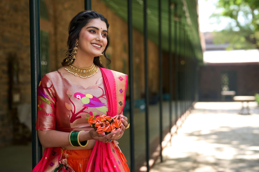 Soft Orange Jacquard Silk Paithani Lehenga Choli - PAHRAVA